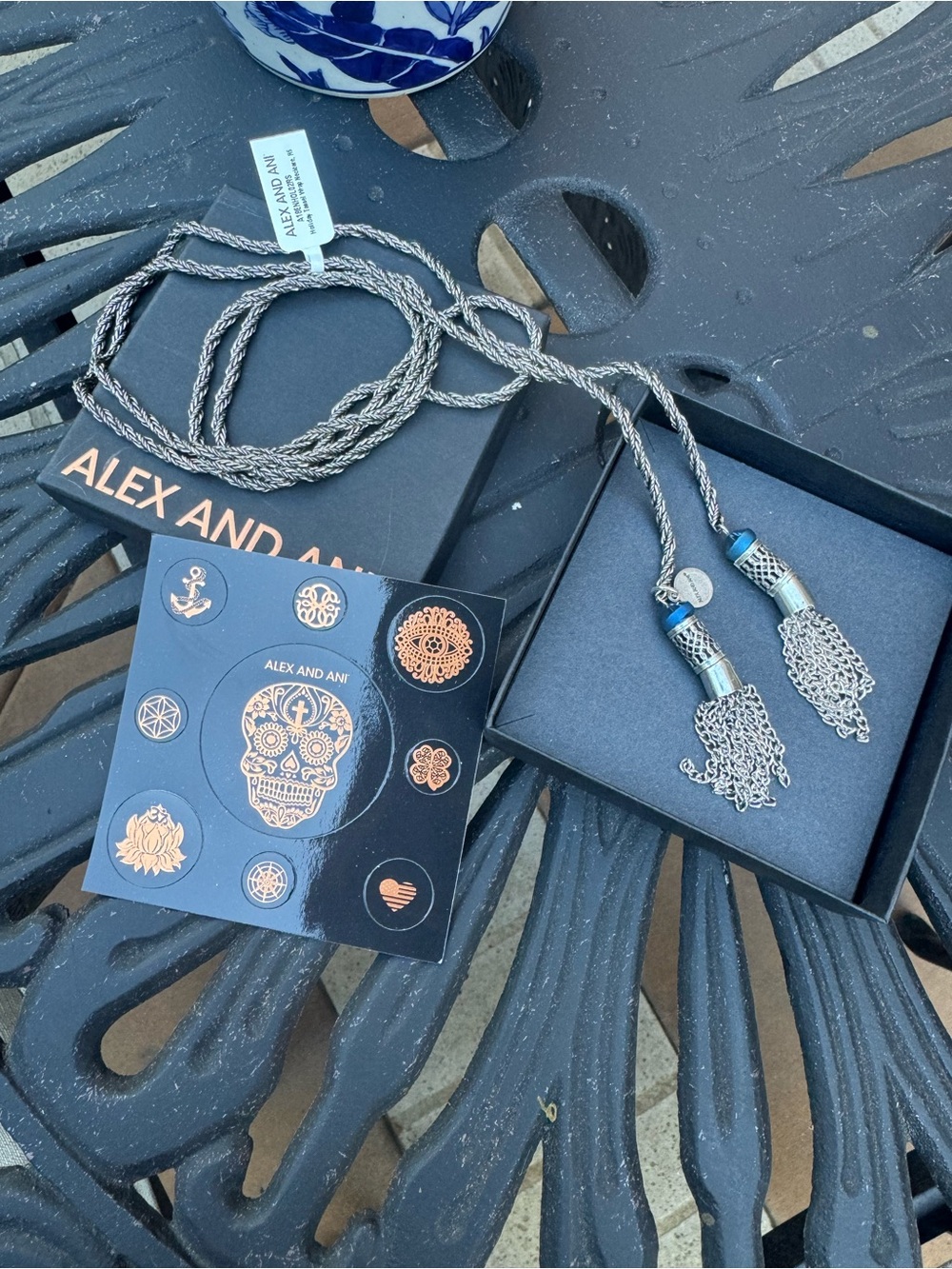 Alex and Ani Silver Braided Lariat Necklace with Blue Bead Accents